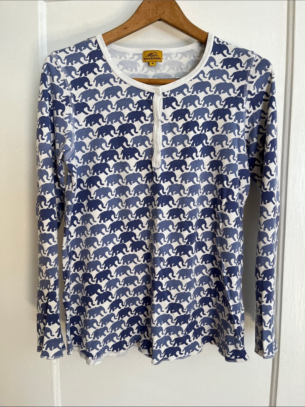 Roberta Roller Rabbit White and Blue Elephant Print Henley